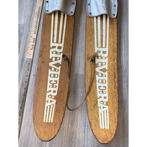 Vintage Pair Junior Size RIVIERA Adjustable Binding Metal Wood Water Skis - Picture 2 of 11
